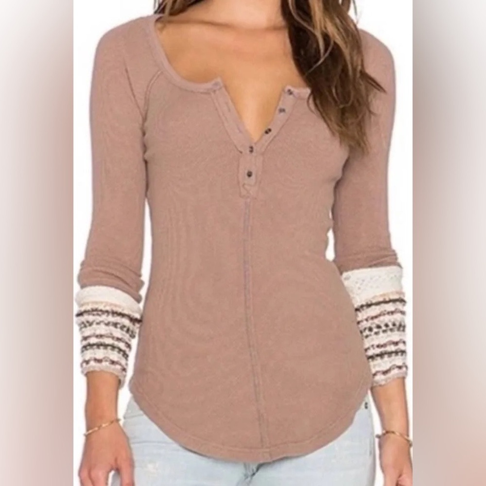 Free People Ski Lodge Alpine Sweater Cuff Thermal Henley Tan Beige XS